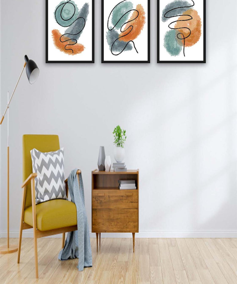 3 Parça Watercolur Tarzda Sanatsal Siyah Çerçeve Görünümlü Uv Baskı Mdf Tablo Seti