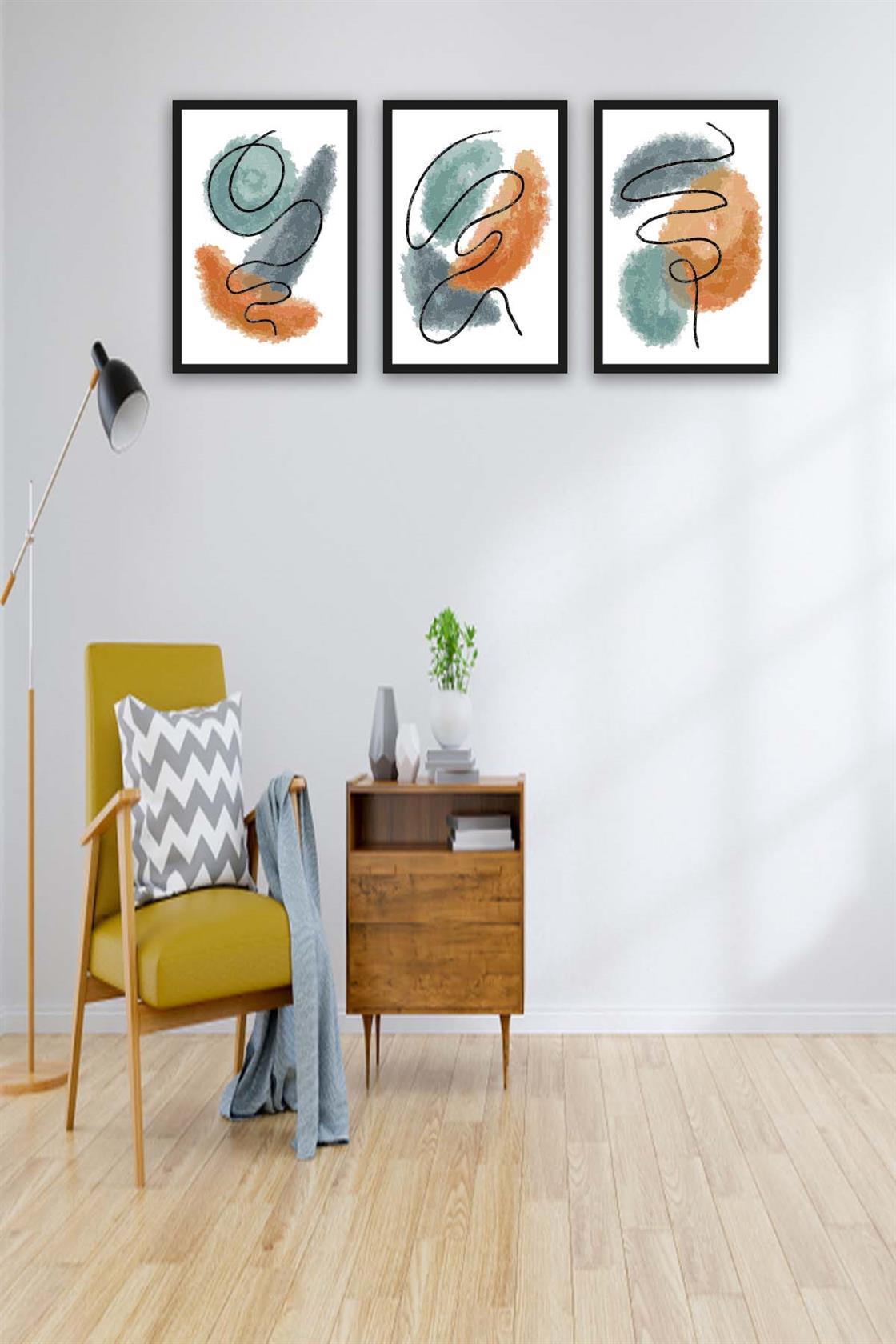 3 Parça Watercolur Tarzda Sanatsal Siyah Çerçeve Görünümlü Uv Baskı Mdf Tablo Seti