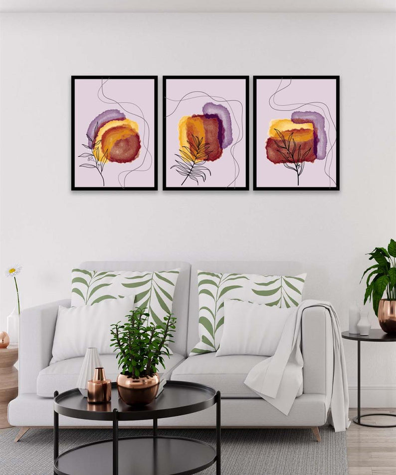 3 Parça Bohem Ve Suluboya Tarzda (Siyah Çerçeve Görünümlü) Uv Baskı Mdf Tablo Seti