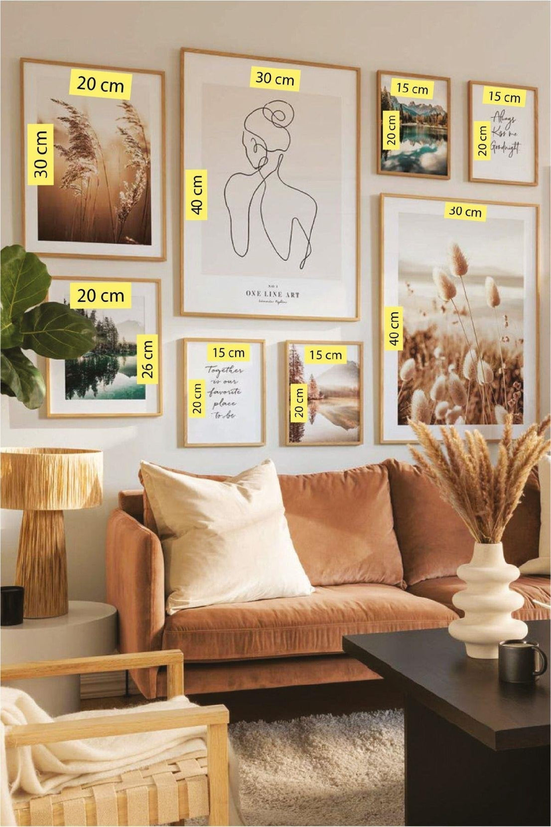 8 Parça Line Art Ve Göl Temalı Ahşap Çerçeve Görünümlü Tablo Seti