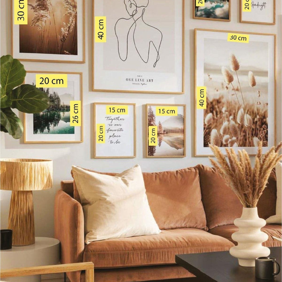 8 Parça Line Art Ve Göl Temalı Ahşap Çerçeve Görünümlü Tablo Seti