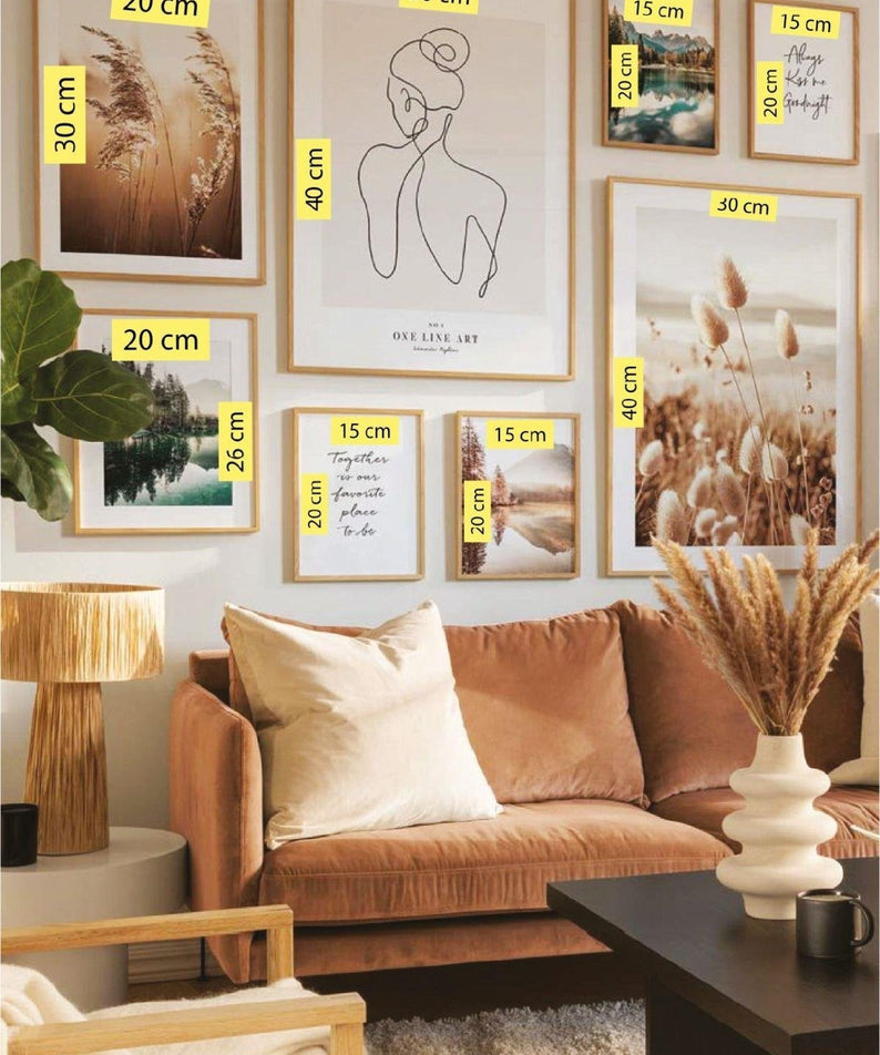 8 Parça Line Art Ve Göl Temalı Ahşap Çerçeve Görünümlü Tablo Seti