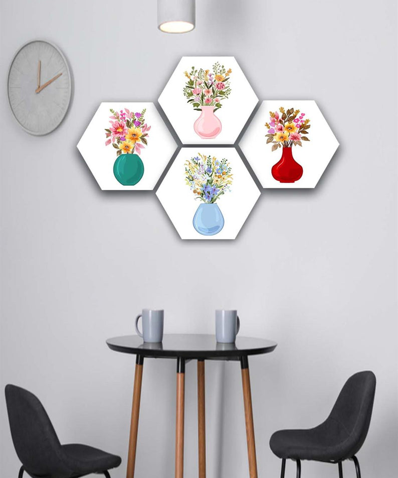 4 Parça Altıgen Tarzda Vazolu Çiçek Tablo Seti