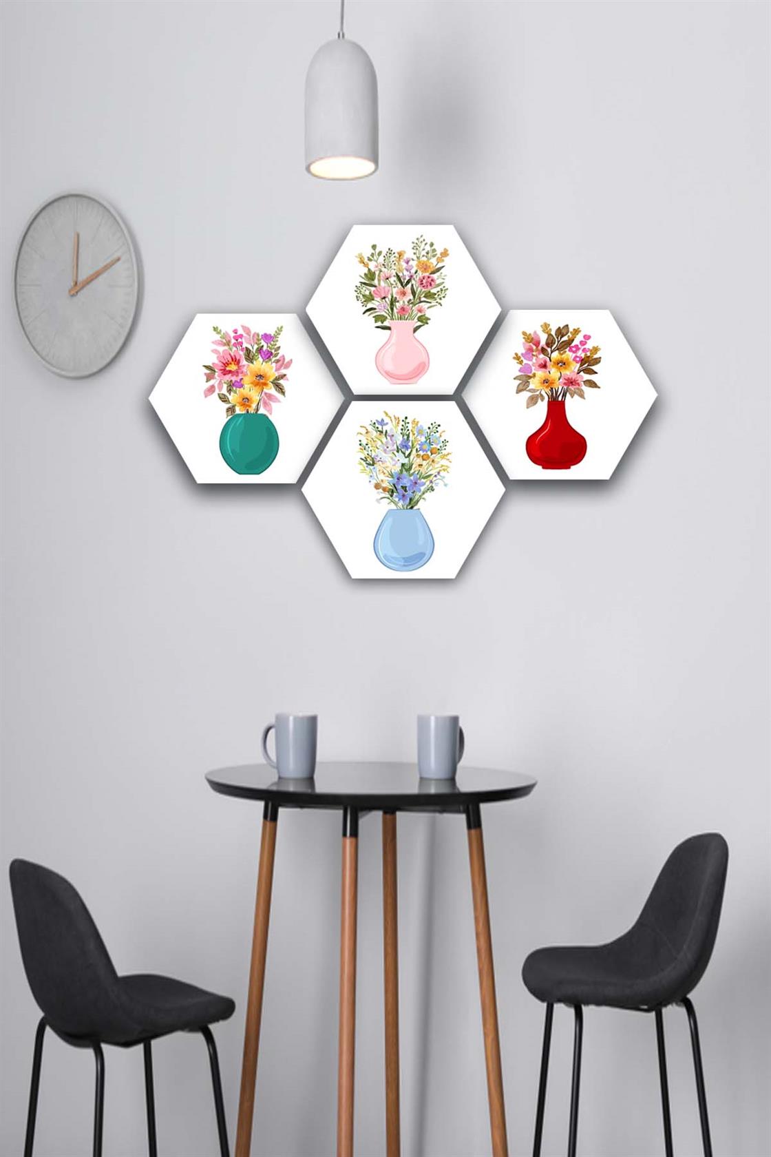 4 Parça Altıgen Tarzda Vazolu Çiçek Tablo Seti