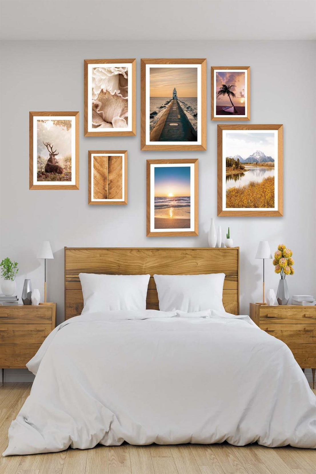 Deniz Feneri Manzara Ve Geyik Temalı Ahşap Çerçeve Görünümlü Tablo Seti