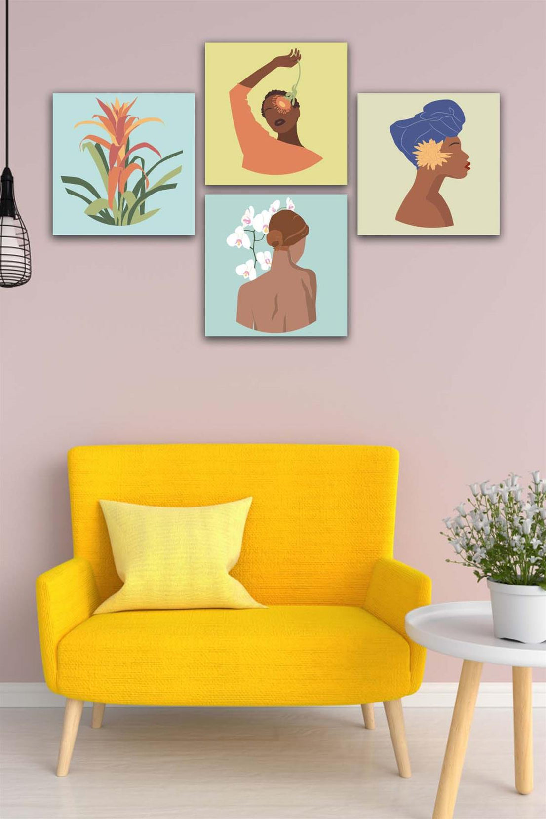 4 Parça Bohem Kadın Uv Baskı Mdf Tablo Seti