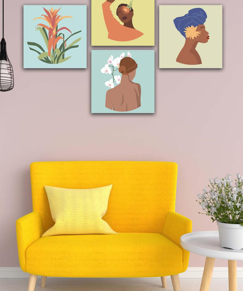 4 Parça Bohem Kadın Uv Baskı Mdf Tablo Seti