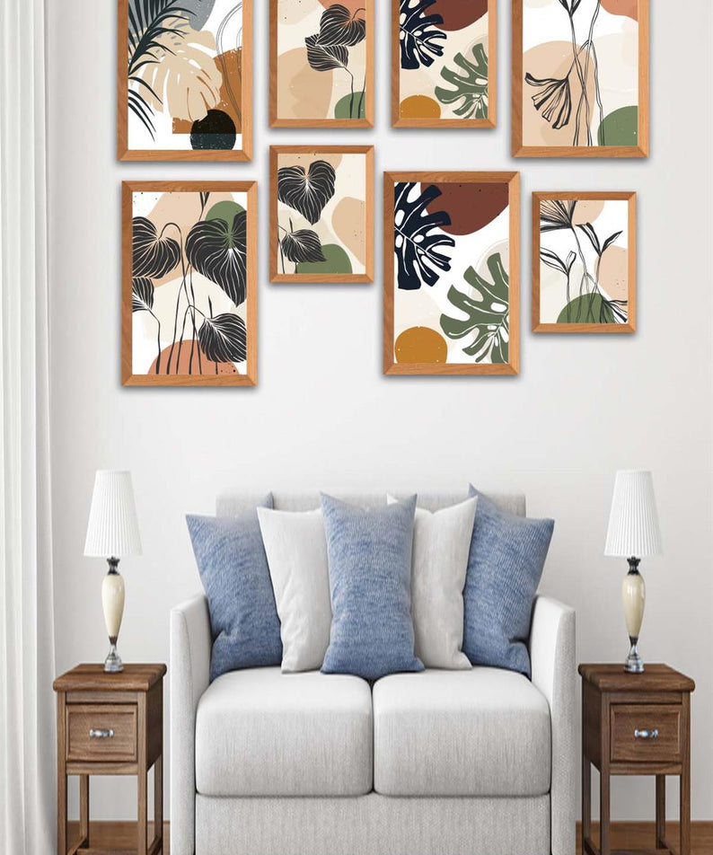 8 Parça Bohem Tarzda Sanatsal Ahşap Çerçeve Görünümlü Uv Baskı Mdf Tablo Seti