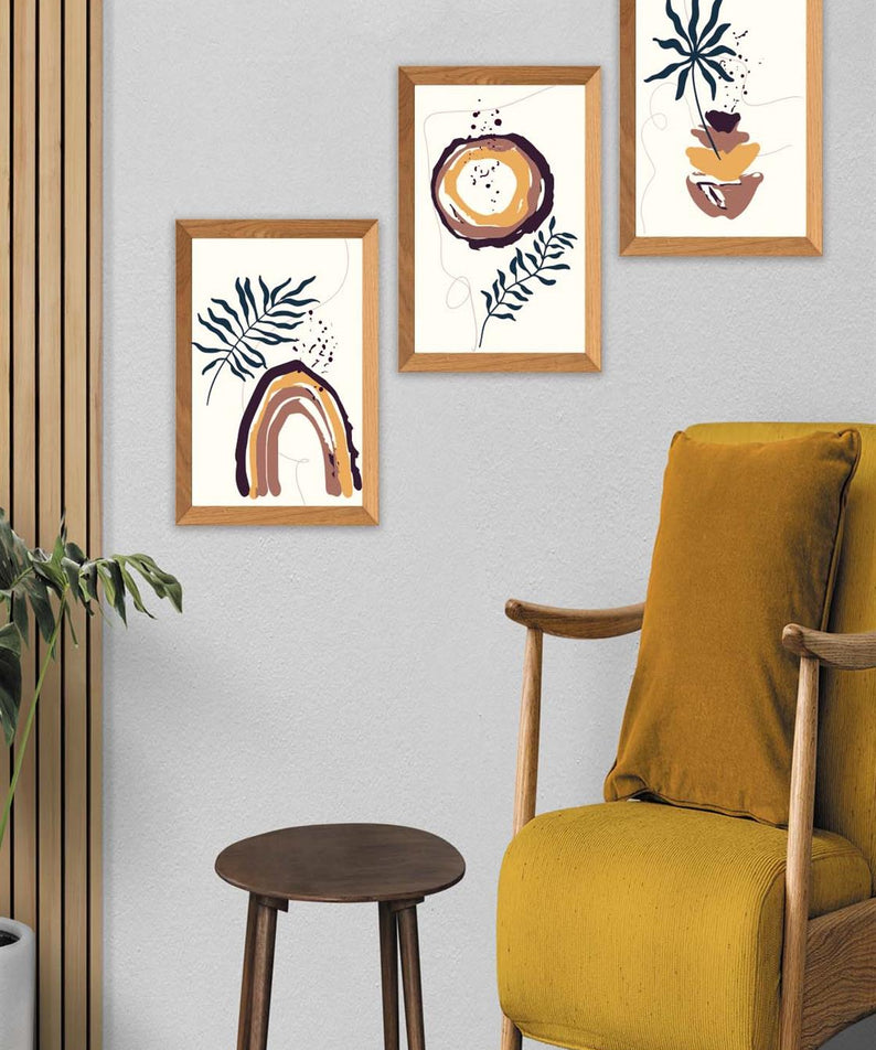 3 Parça Bohem Tarzında Ahşap Çerçeve Görünümlü Dijital Baskı Tablo Seti