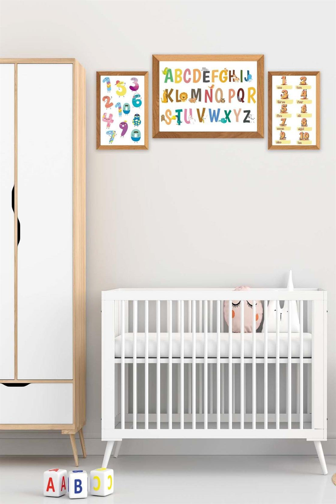 Çoçuklar İçin Renkli Alfabe Sayılar Eğitici Tablo Ahşap Çerçeve Görünümlü Dijital Baskı Tablo Seti