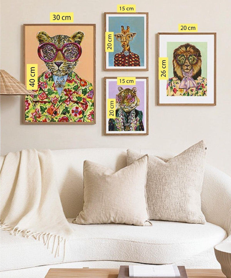 Modern Hayvan Temalı Ahşap Çerçeve Görünümlü Tablo Seti