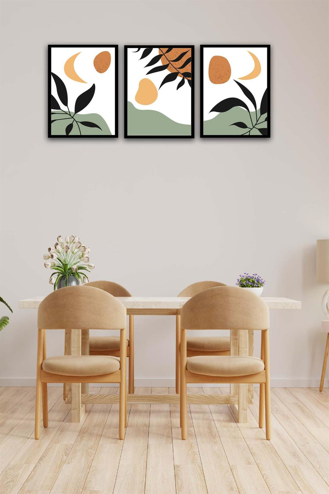 3 Parça Modern Bohem Tarzda Sanatsal Siyah Çerçeve Görünümlü Uv Baskı Mdf Tablo Seti