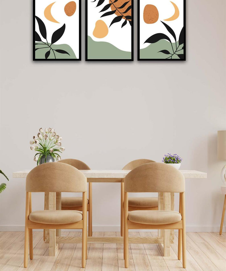 3 Parça Modern Bohem Tarzda Sanatsal Siyah Çerçeve Görünümlü Uv Baskı Mdf Tablo Seti