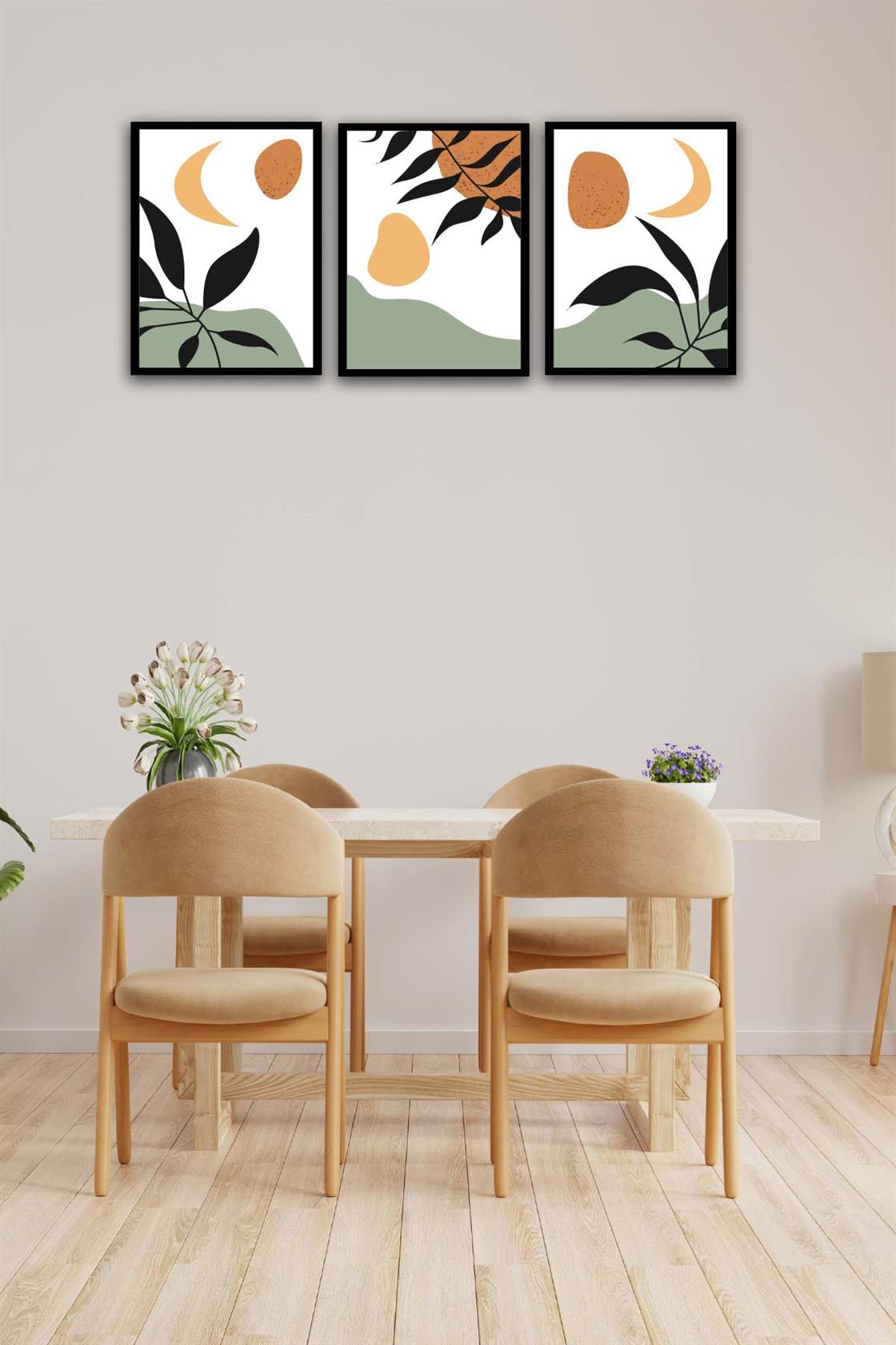 3 Parça Modern Bohem Tarzda Sanatsal Siyah Çerçeve Görünümlü Uv Baskı Mdf Tablo Seti