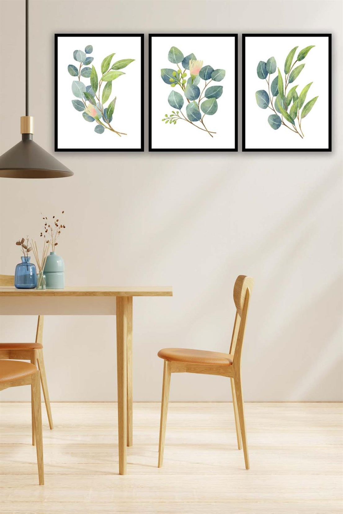 3 Parça Suluboya Tarzında Botanik Çiçekler Tablo Seti