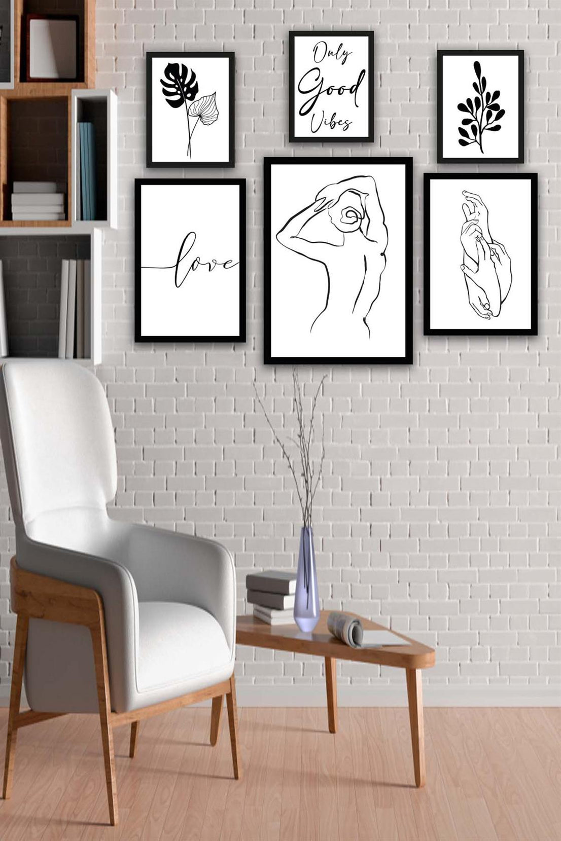 6 Parça Lineart Tarzda Sanatsal Siyah Çerçeve Görünümlü Uv Baskı Mdf Tablo Seti