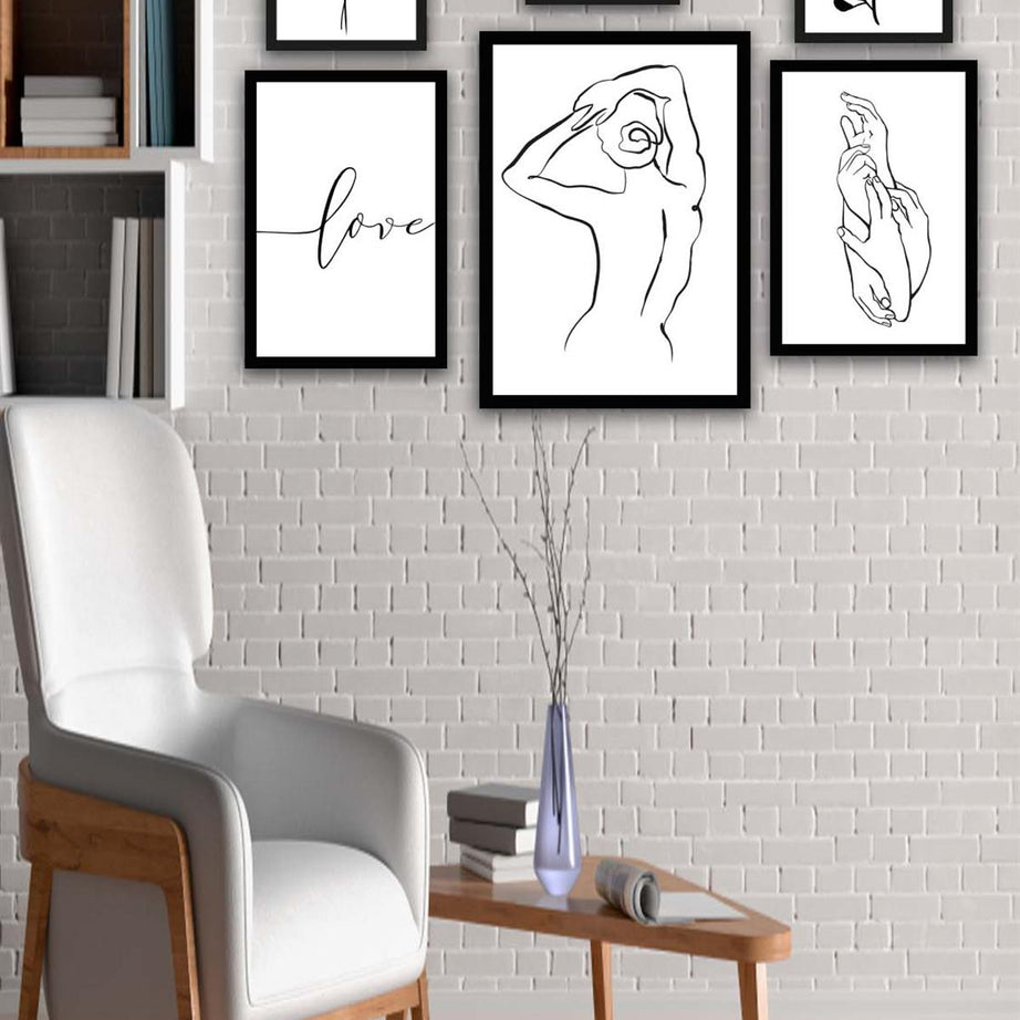 6 Parça Lineart Tarzda Sanatsal Siyah Çerçeve Görünümlü Uv Baskı Mdf Tablo Seti