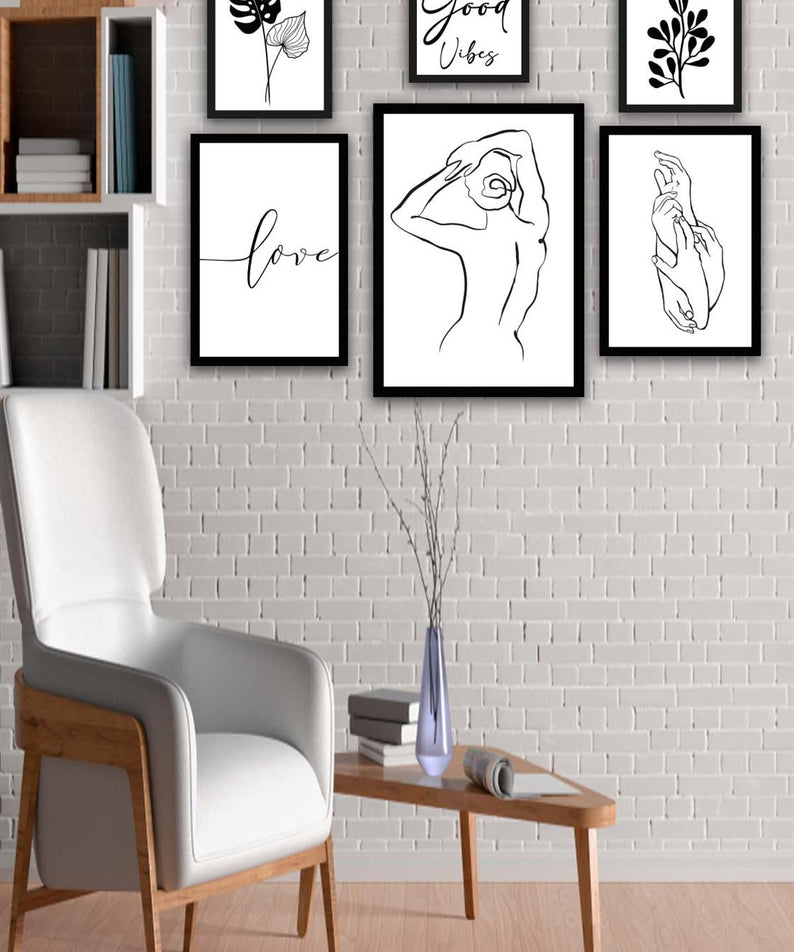 6 Parça Lineart Tarzda Sanatsal Siyah Çerçeve Görünümlü Uv Baskı Mdf Tablo Seti