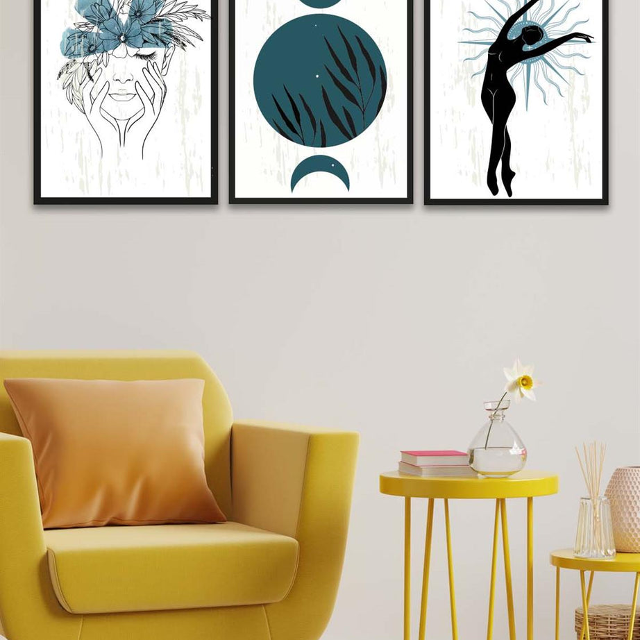 3 Parça Modern Sanat Tarzında Lotus Tasarım (Siyah çerçeve görünümlü) Uv Baskı Mdf Tablo Seti