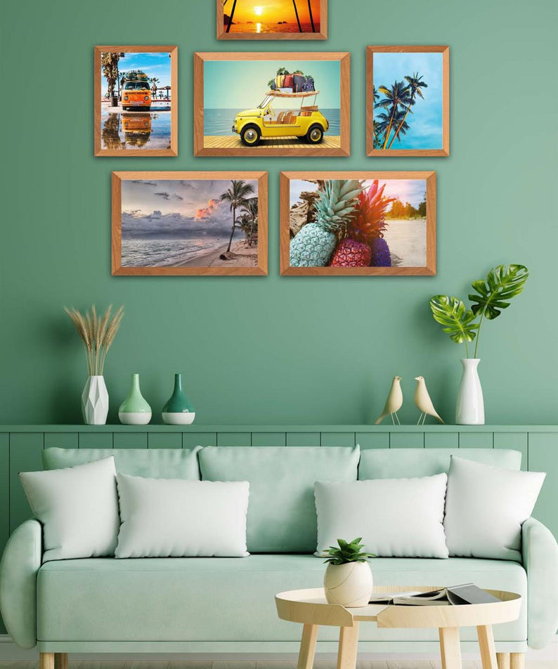 6 Parça Yaz Manzara Tarzında Ahşap Çerçeve Görünümlü Uv Baskı Mdf Tablo Seti