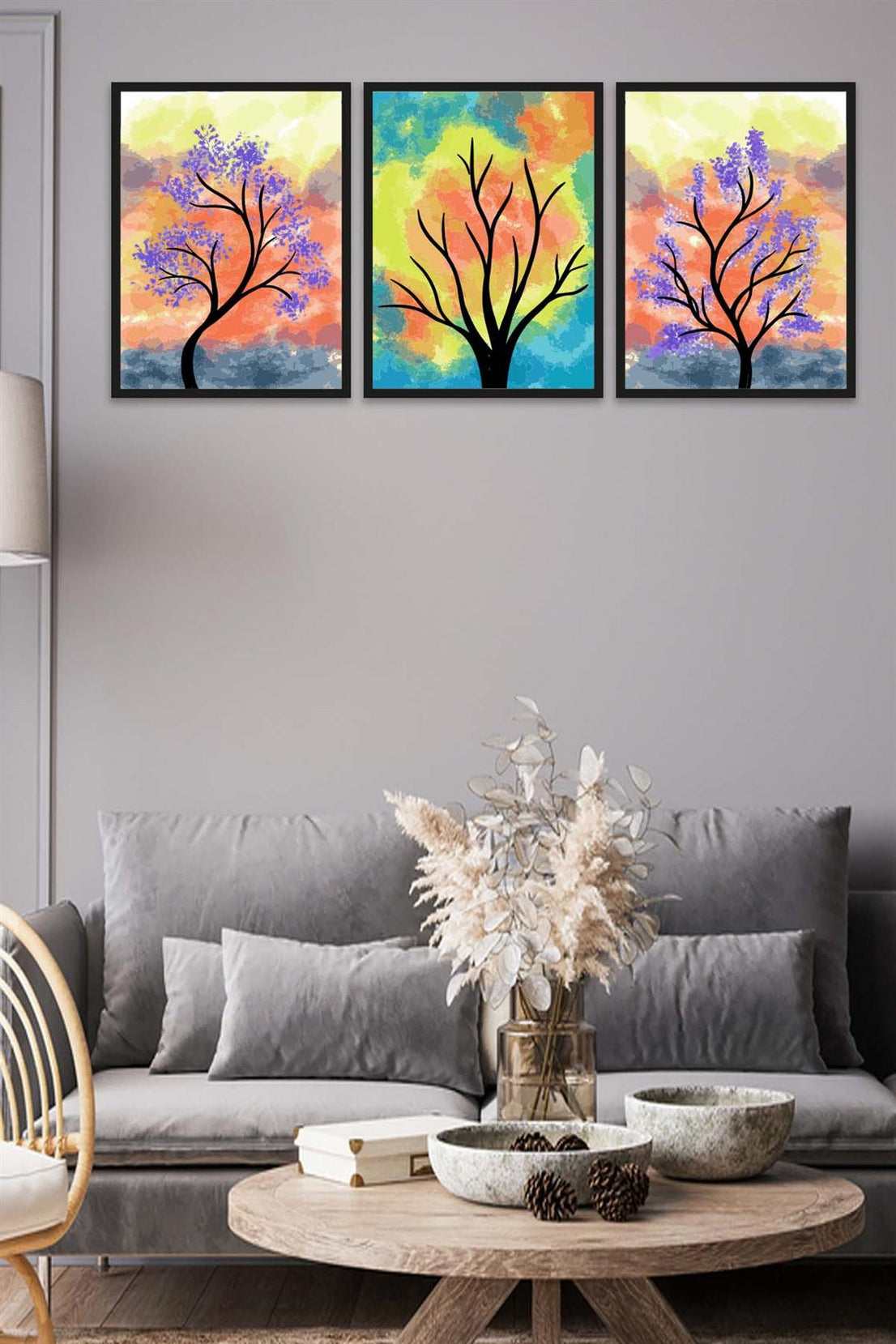 3 Parça Renkli Kuru Ağaç Tarzda Sanatsal Siyah Çerçeve Görünümlü Uv Baskı Mdf Tablo Seti