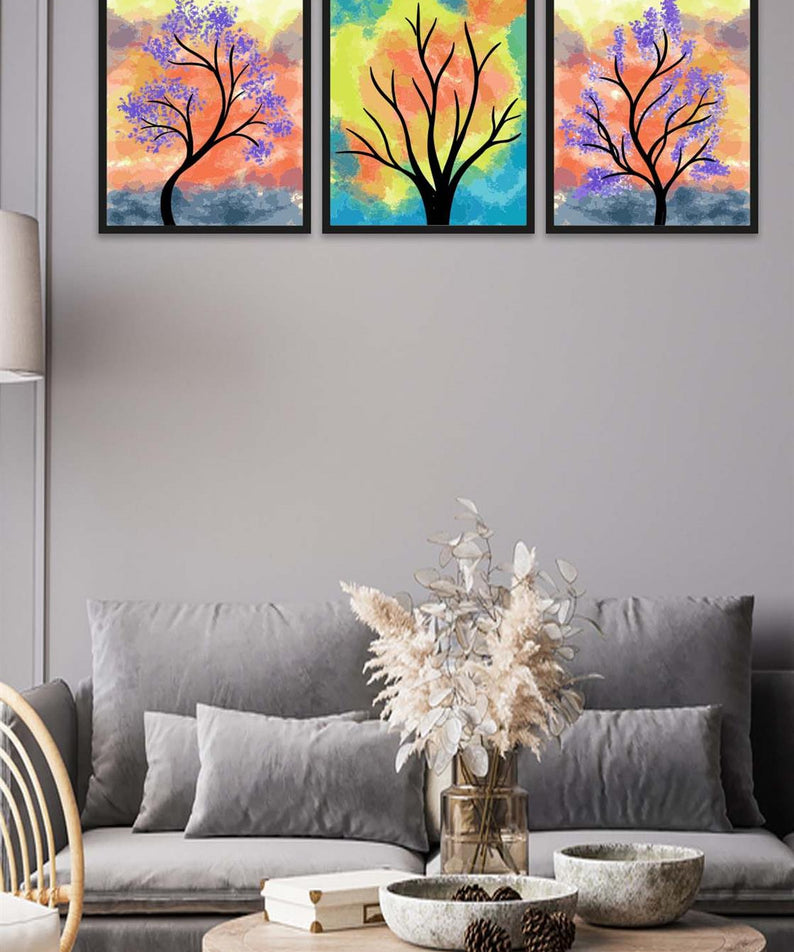 3 Parça Renkli Kuru Ağaç Tarzda Sanatsal Siyah Çerçeve Görünümlü Uv Baskı Mdf Tablo Seti