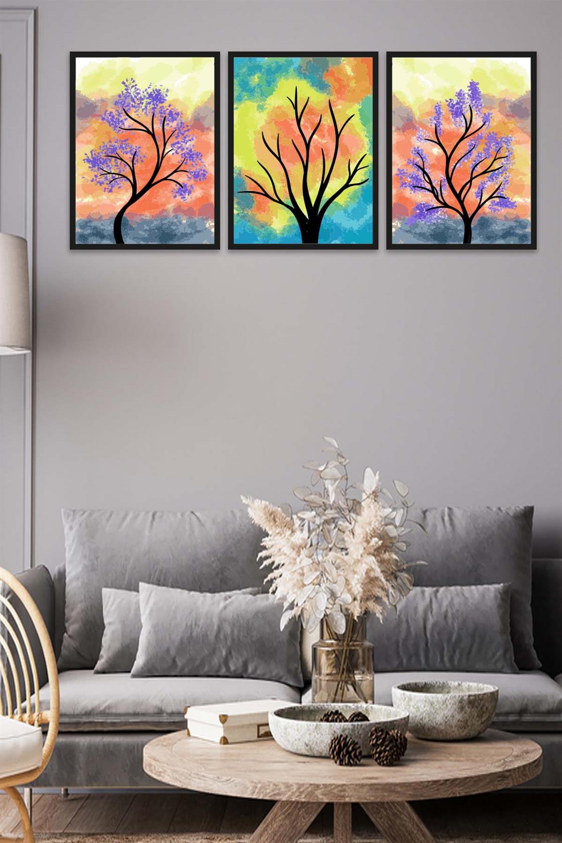 3 Parça Renkli Kuru Ağaç Tarzda Sanatsal Siyah Çerçeve Görünümlü Uv Baskı Mdf Tablo Seti