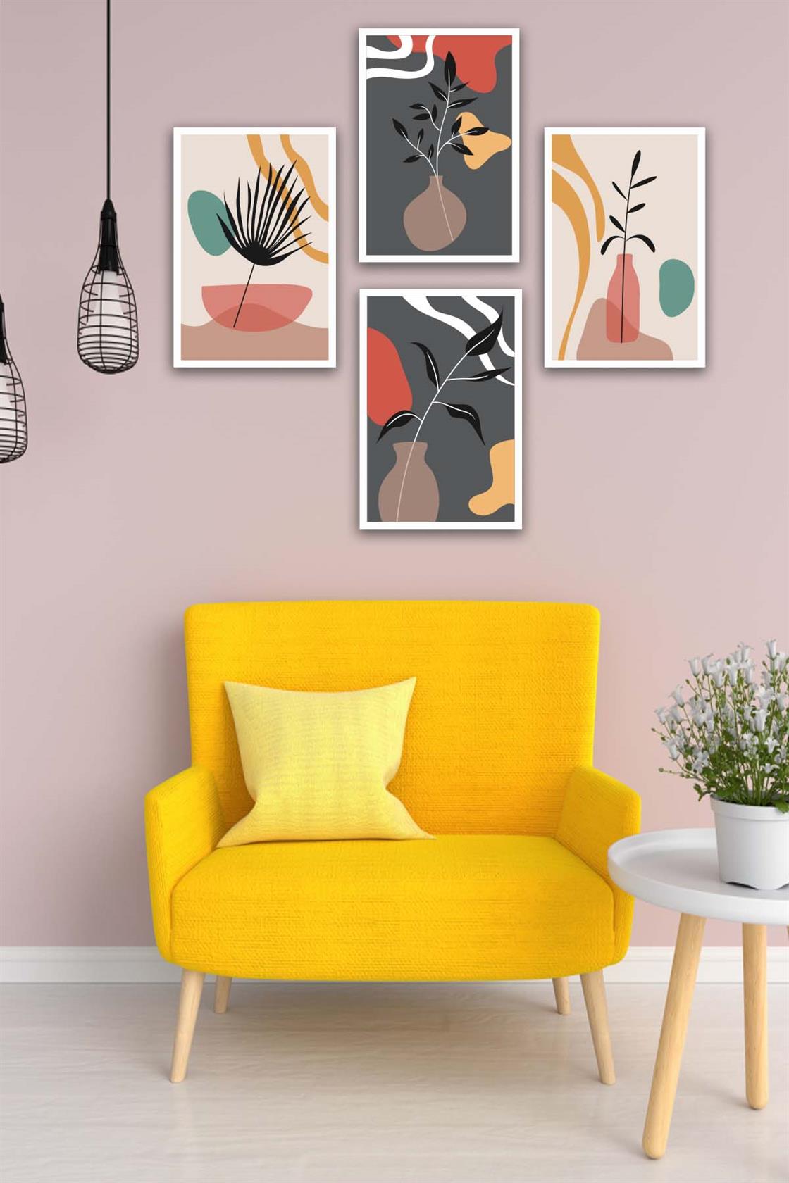 4 Parça Renkli Bohem Tarzında Tasarım Uv Baskı Mdf Tablo Seti