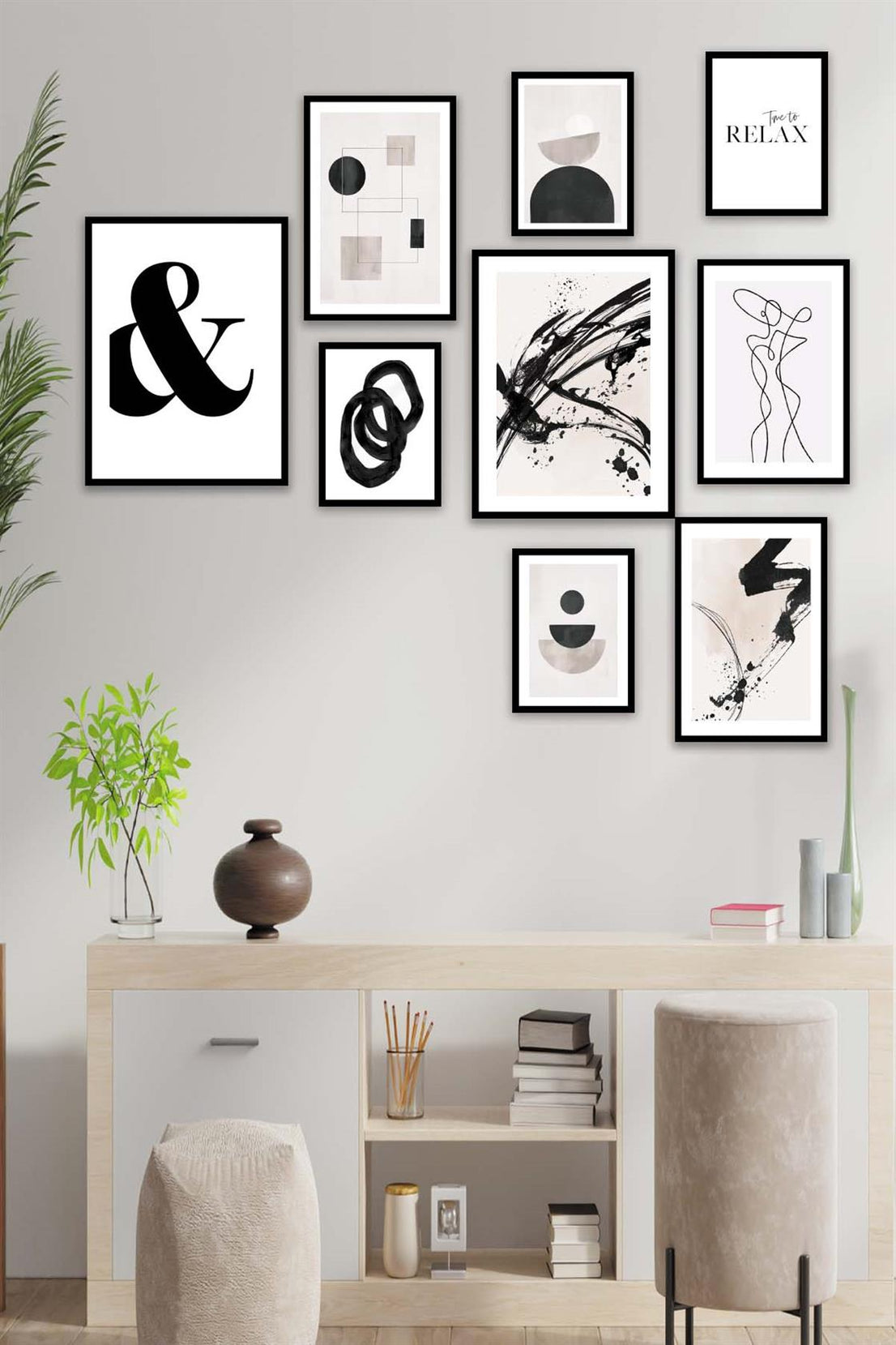 Siyah Geometrik Ve Line Art Temalı Tablo Seti