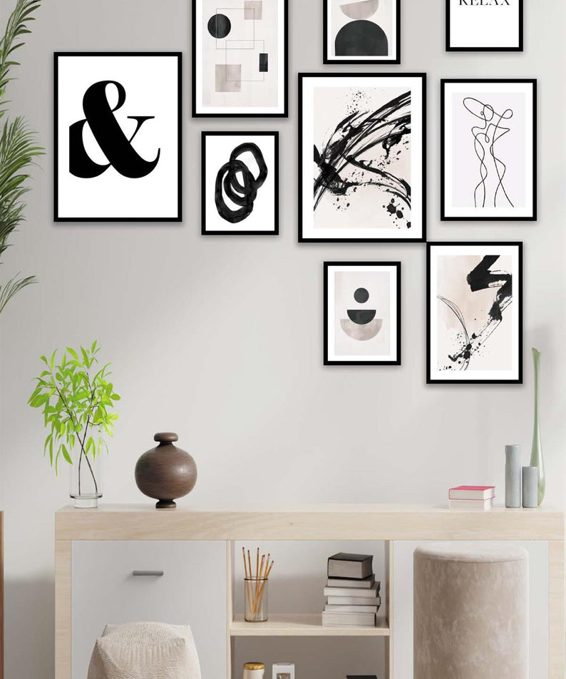 Siyah Geometrik Ve Line Art Temalı Tablo Seti