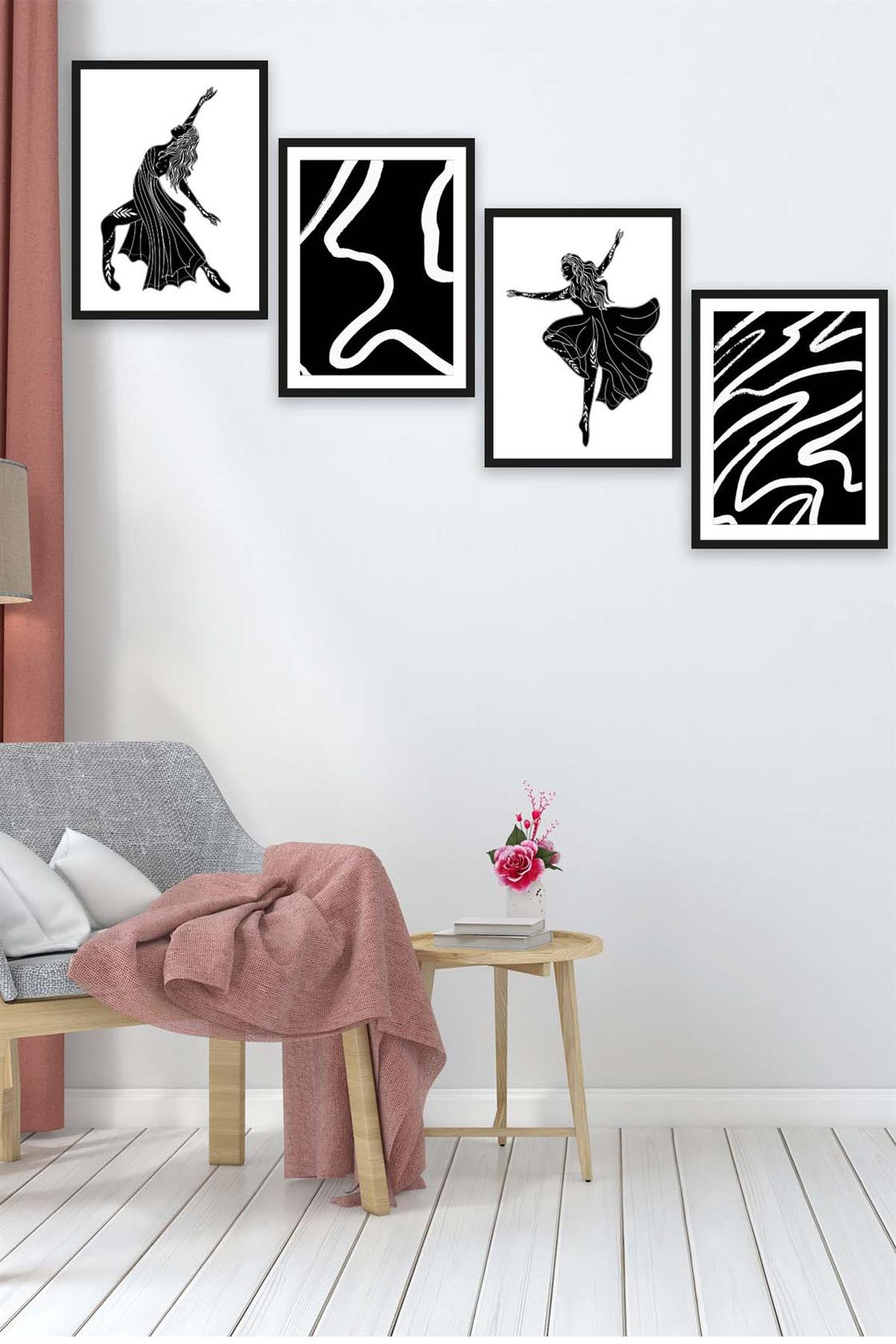 4 Parça Siyah Beyaz Dans Siyah Çerçeve Görünümlü Tasarım Uv Baskı Mdf Tablo Seti