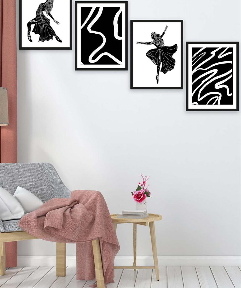 4 Parça Siyah Beyaz Dans Siyah Çerçeve Görünümlü Tasarım Uv Baskı Mdf Tablo Seti