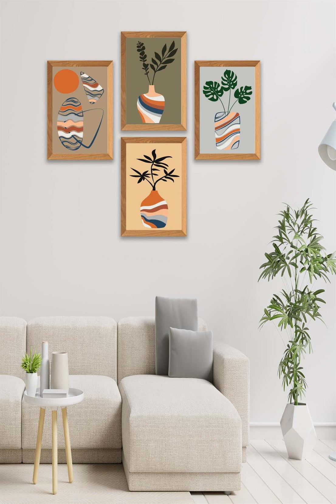 4 Parça Vazo Bohem Tarzında Ahşap Çerçeve Görünümlü Dijital Baskı Tablo Seti