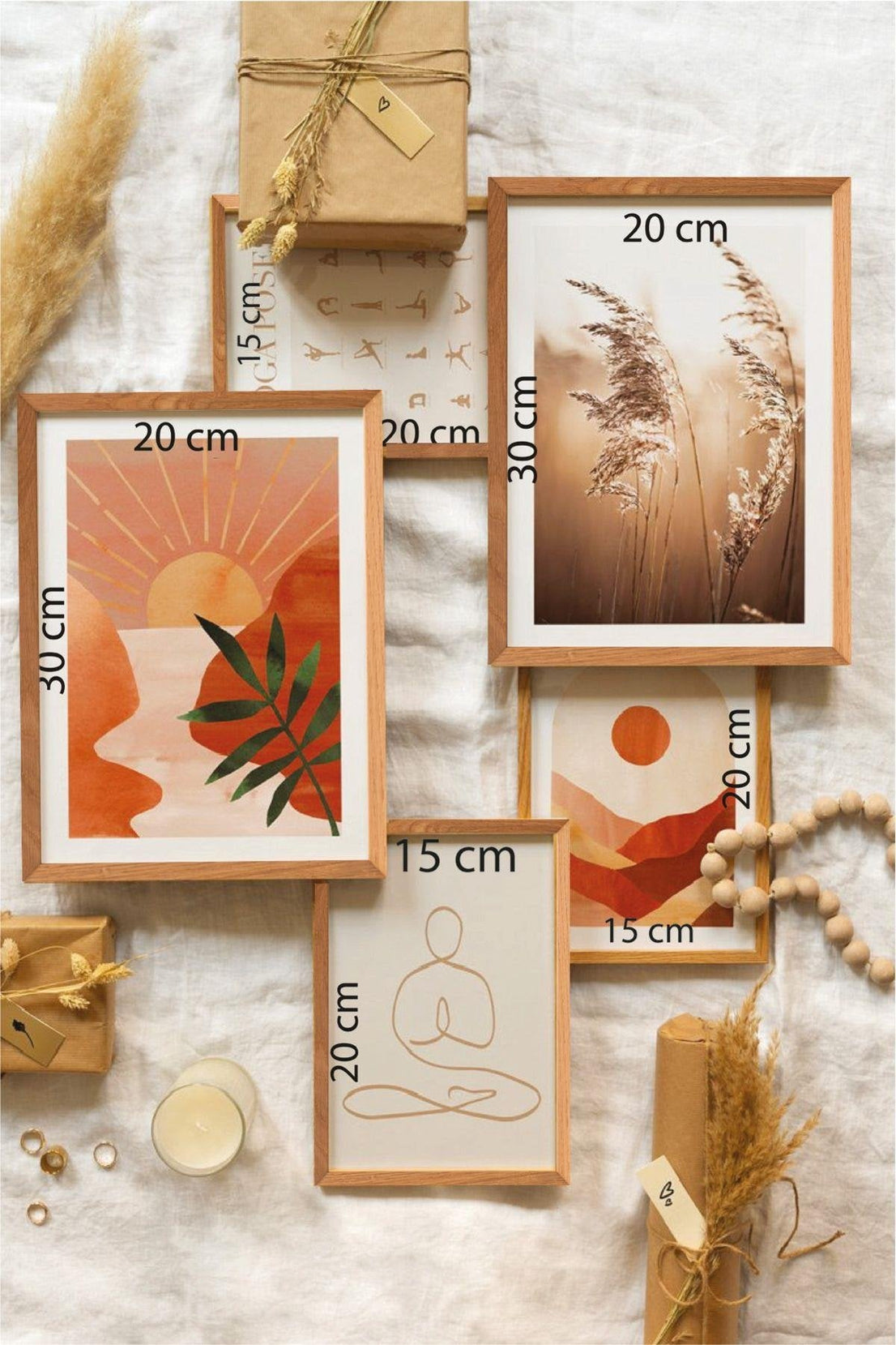 5 Parça Bohem Ve Gün Batımı Temalı Ahşap Çerçeve Görünümlü Tablo Seti