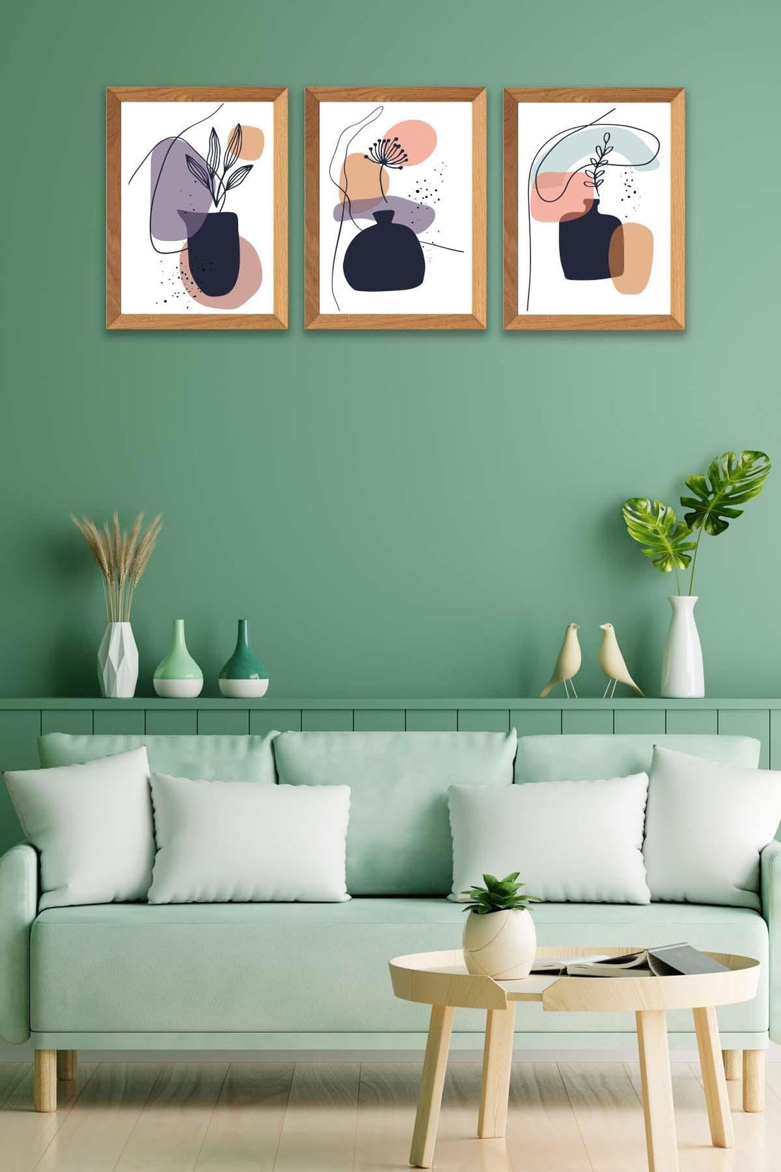 Vazo Temalı Ahşap Çerçeve Görünümlü Tablo Seti
