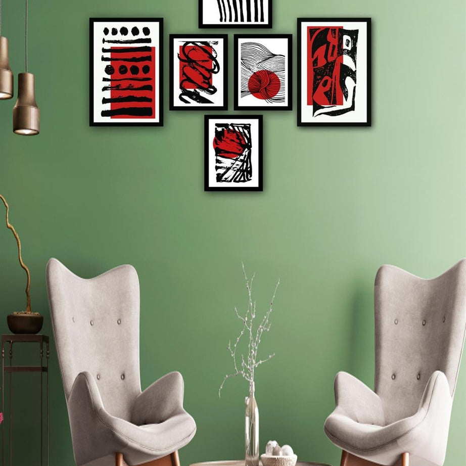 6 Parça Modern Sanat Tarzında Siyah Çerçeve Görünümlü Uv Baskı Mdf Tablo Seti