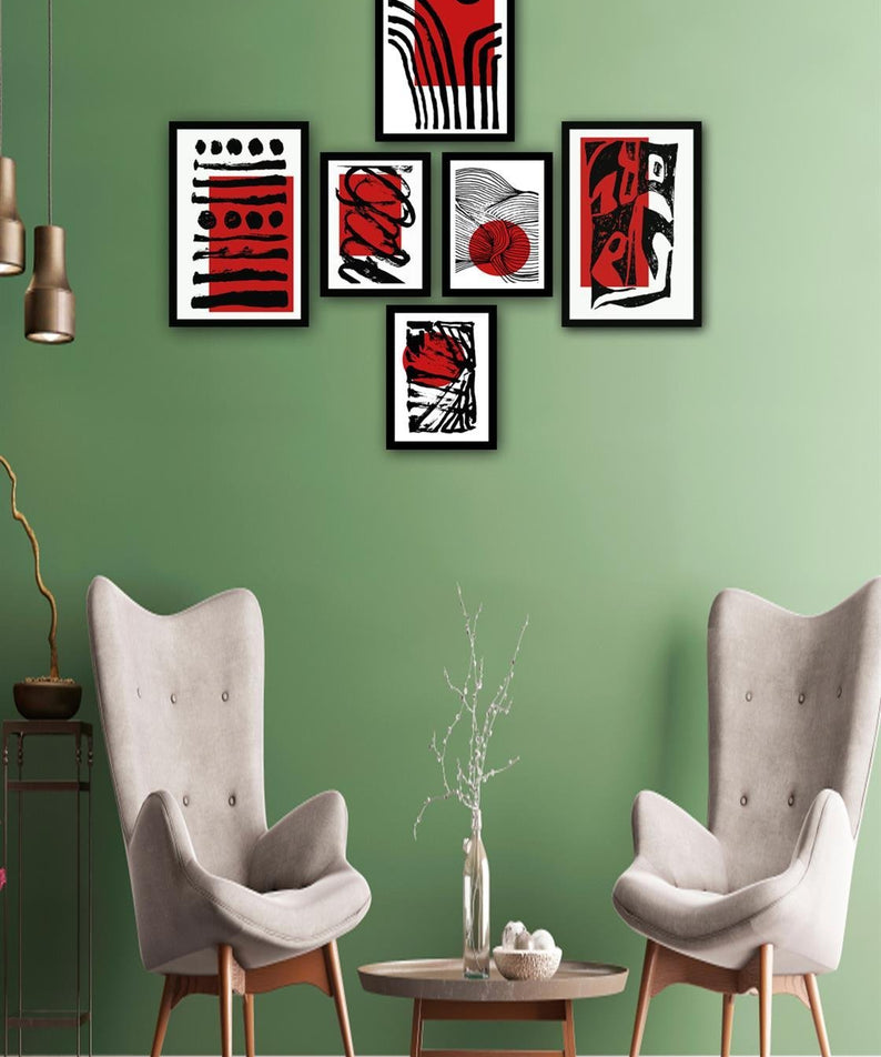 6 Parça Modern Sanat Tarzında Siyah Çerçeve Görünümlü Uv Baskı Mdf Tablo Seti