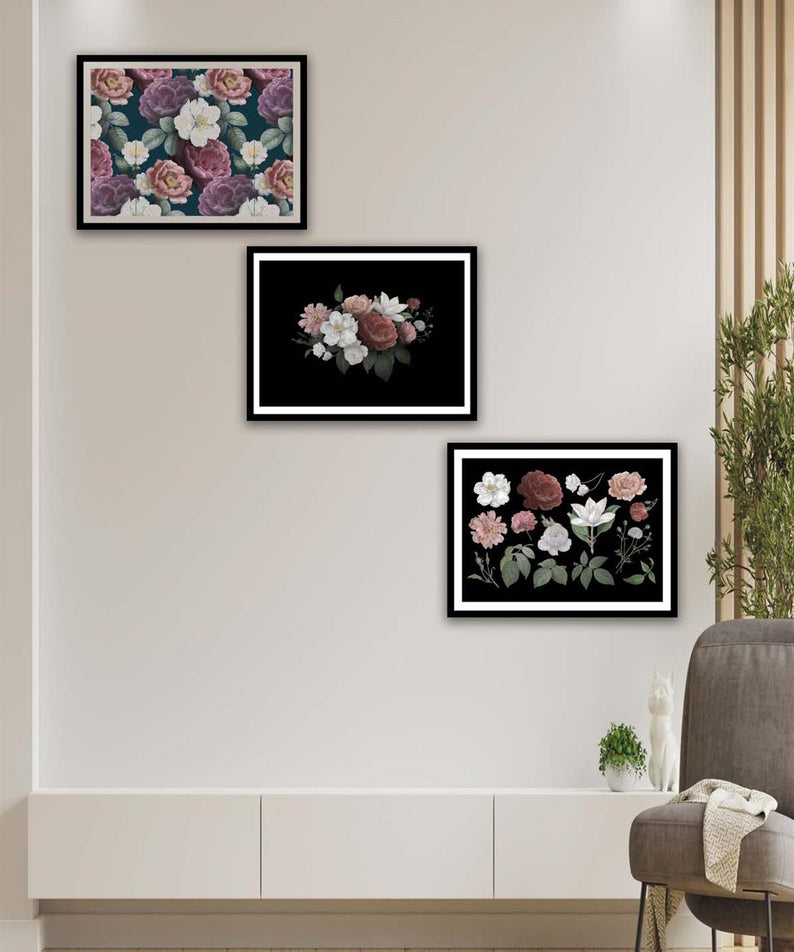 3 Parça Gül Ve Çiçek Tarzında Siyah Çerçeve Görünümlü Mdf Tablo Seti
