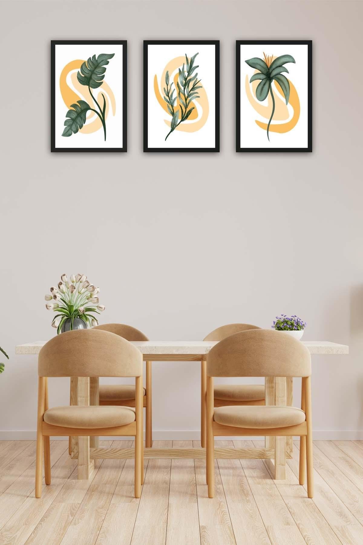 3 Parça Tüy ve Palmiye Temalı Tablo Seti