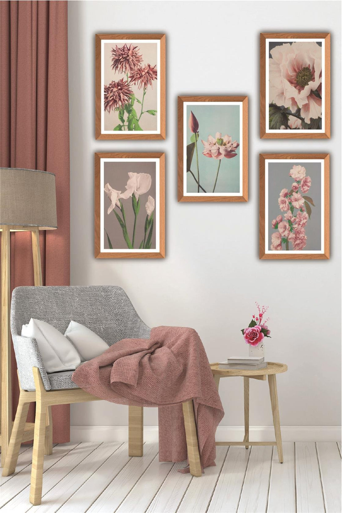 5 Parça Ahşap çerçeve Görünümlü Çiçek Desenli Uv baskı Mdf Tablo Seti