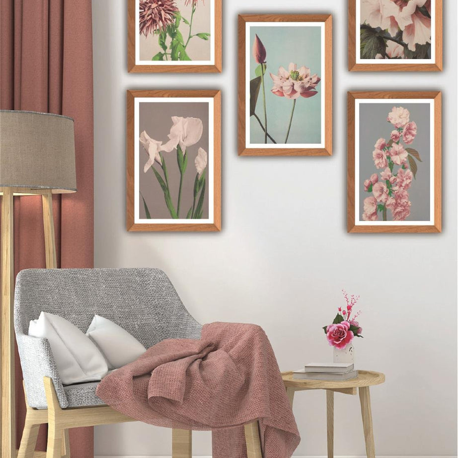 5 Parça Ahşap çerçeve Görünümlü Çiçek Desenli Uv baskı Mdf Tablo Seti