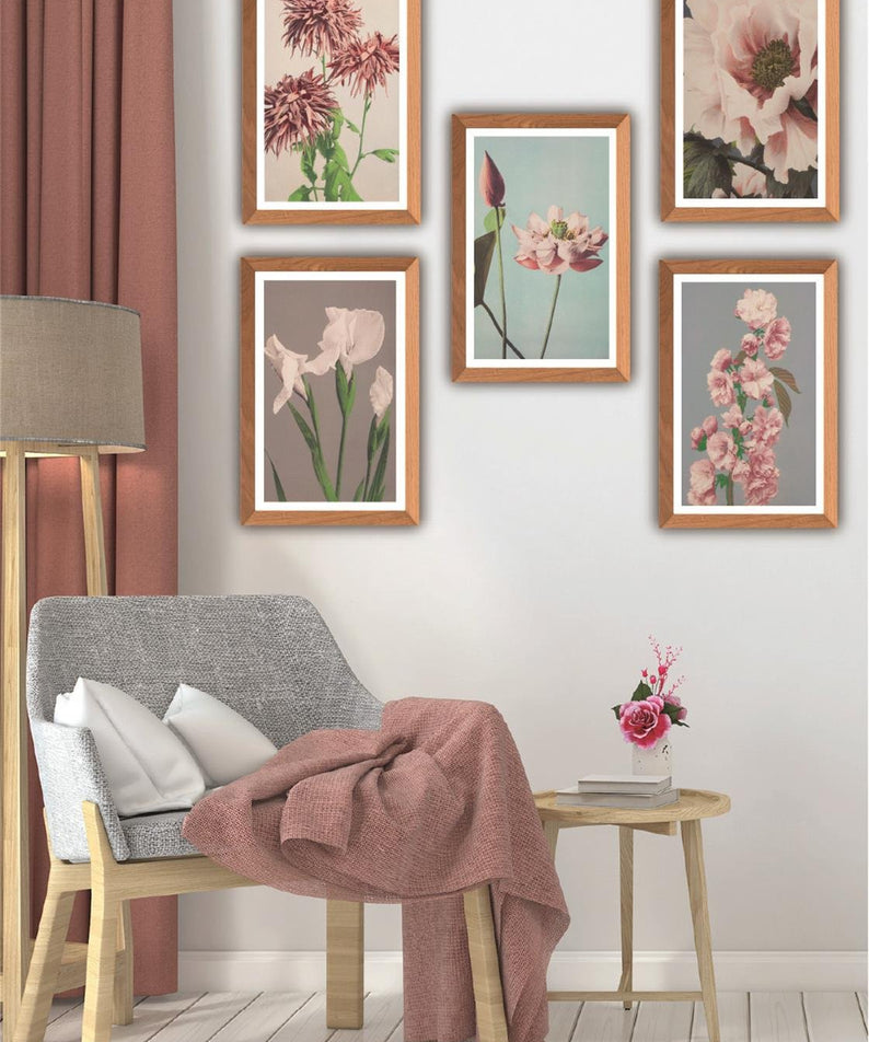 5 Parça Ahşap çerçeve Görünümlü Çiçek Desenli Uv baskı Mdf Tablo Seti