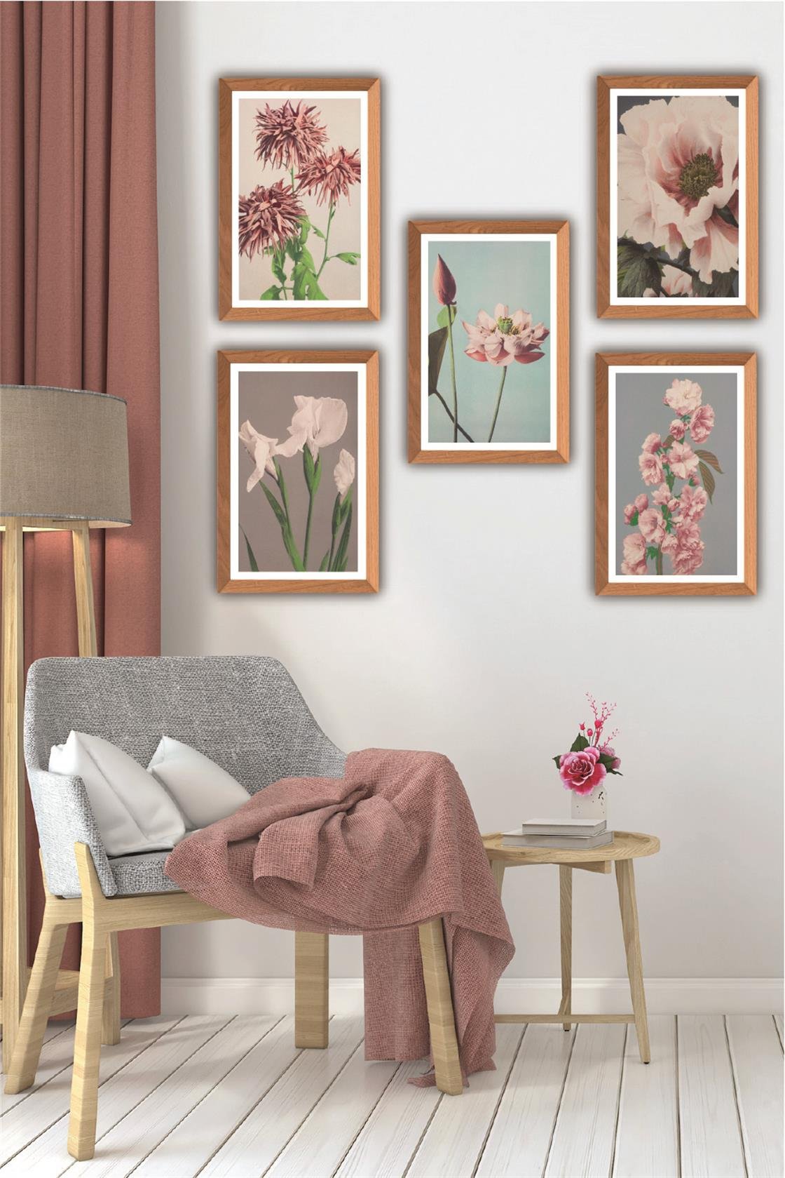 5 Parça Ahşap çerçeve Görünümlü Çiçek Desenli Uv baskı Mdf Tablo Seti