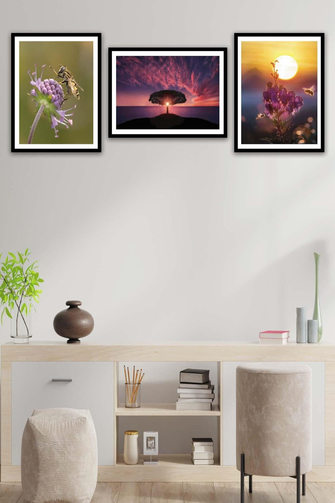 Arı Ve Çiçek Temalı Siyah Çerçeve Görünümlü Tablo Seti