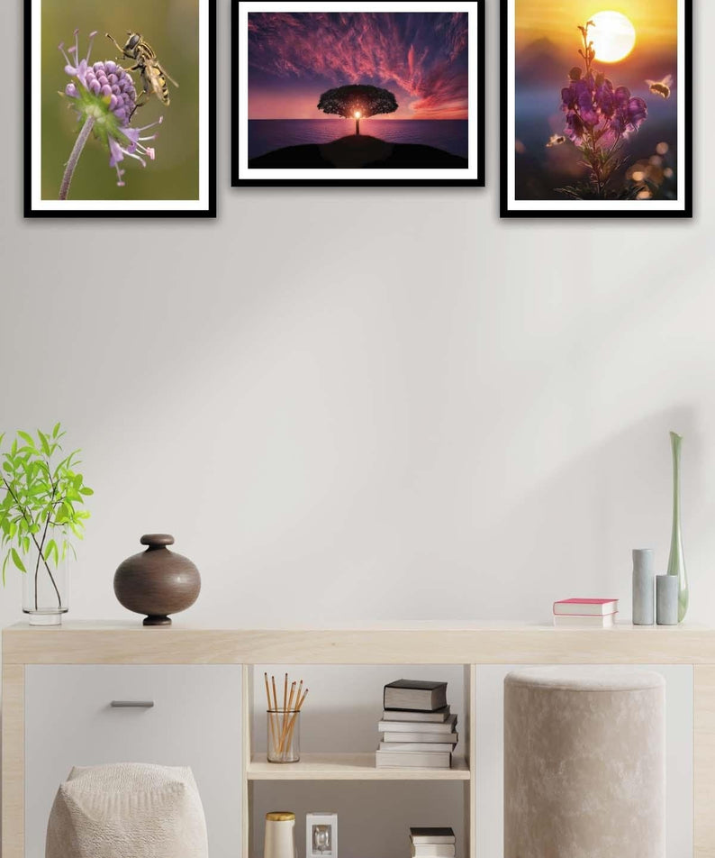 Arı Ve Çiçek Temalı Siyah Çerçeve Görünümlü Tablo Seti