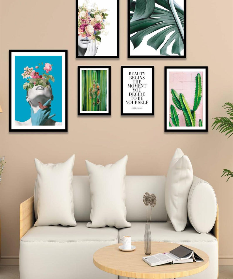 Sanatsal Kadın Yeşil Çiçek Ve Kaktüs Temalı Tablo Seti