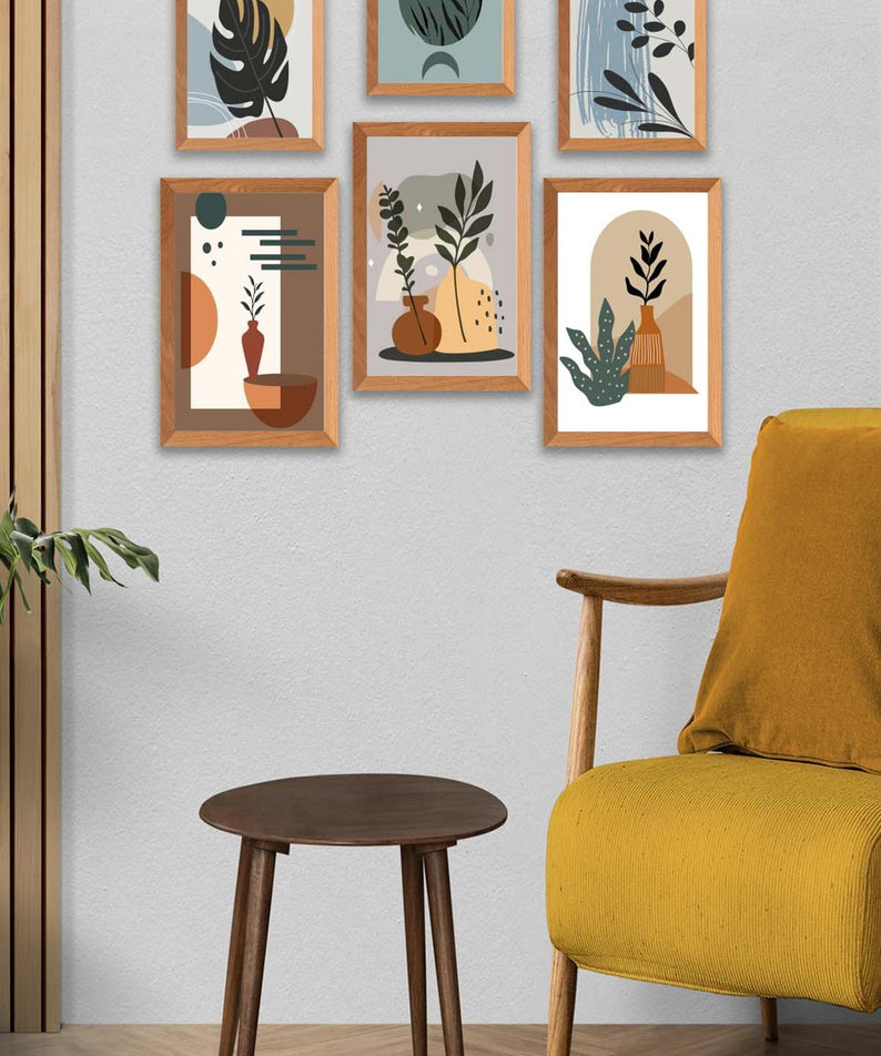 6 Parça Bohem Sanatsal Tarzında (Ahşap çerçeve görünümlü) Uv Baskı Mdf Tablo Seti