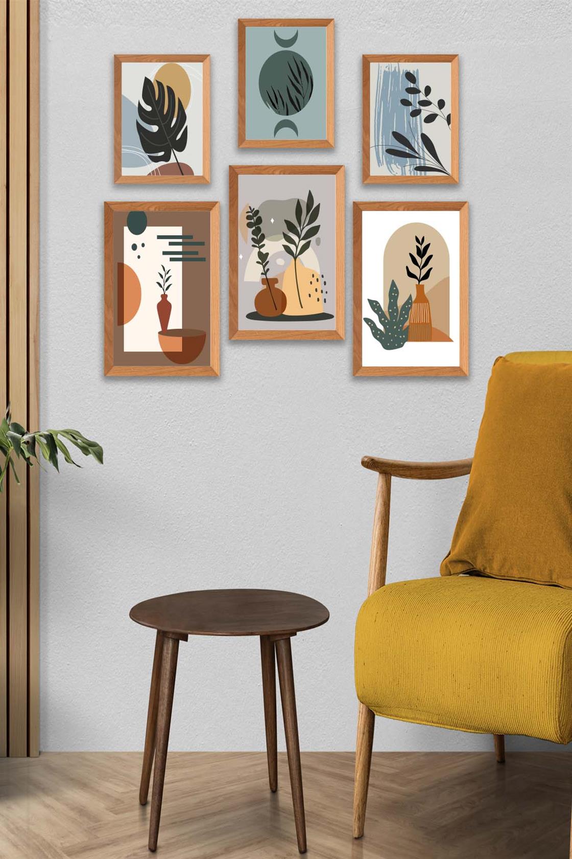 6 Parça Bohem Sanatsal Tarzında (Ahşap çerçeve görünümlü) Uv Baskı Mdf Tablo Seti