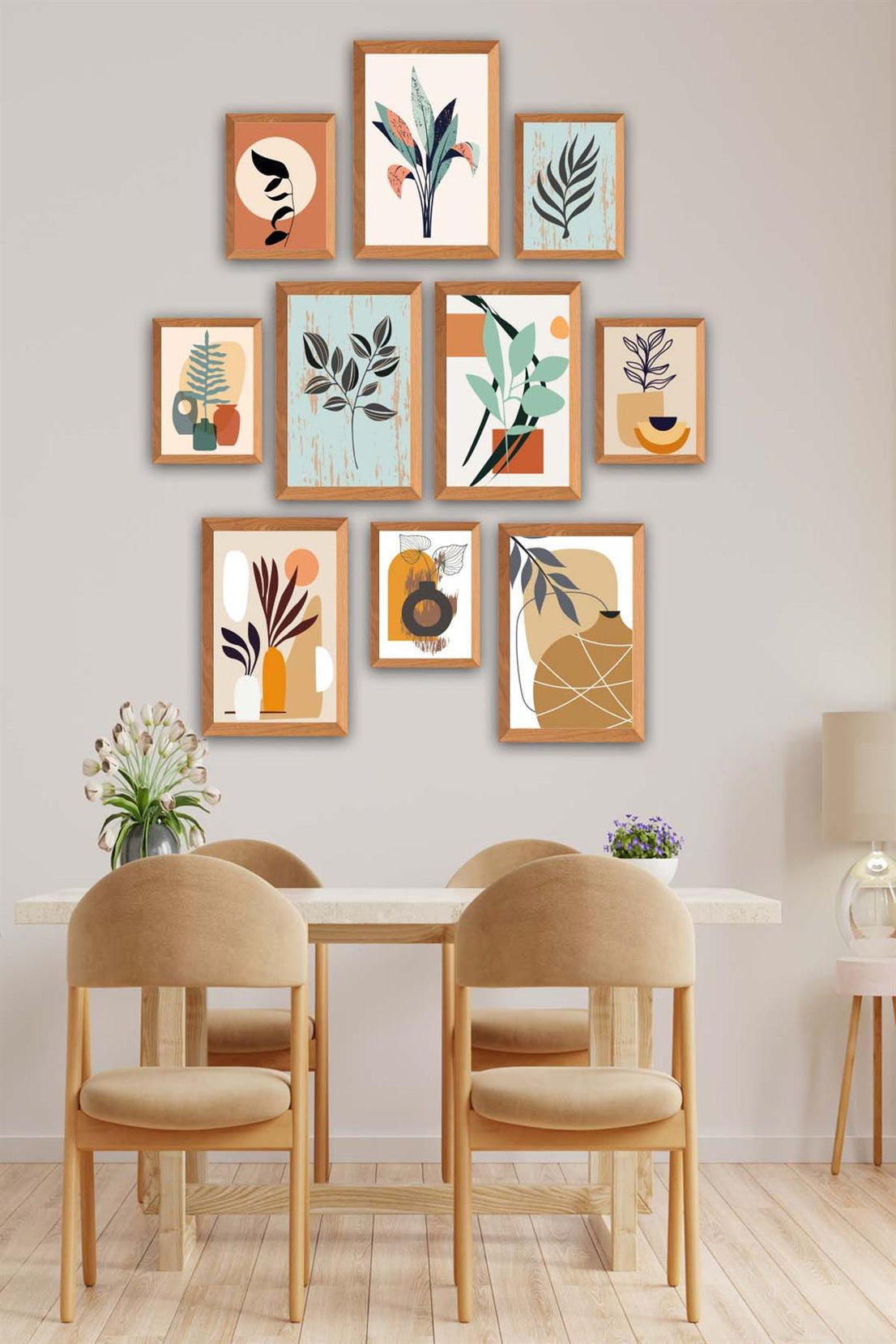 10 Parça Bohem Tarzında Sanatsal (Ahşap çerçeve görünümlü) Uv Baskı Mdf Tablo Seti