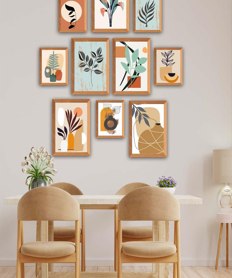 10 Parça Bohem Tarzında Sanatsal (Ahşap çerçeve görünümlü) Uv Baskı Mdf Tablo Seti